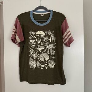 Rachel Pohl Art Green Graphic T-Shirt with Mushroom Print